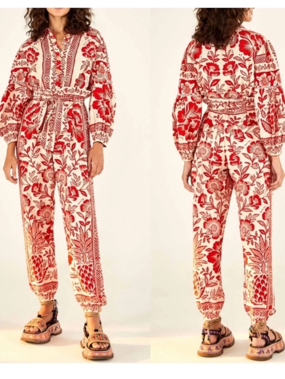 Farm Rio Red Pineapple Garden Floral Print Linen Blend Jumpsuit Size Small